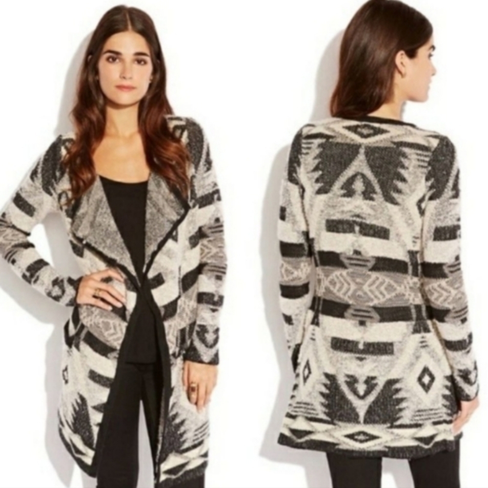Lucky Brand Black & Cream Southwestern Open Cardigan Sweater Size Large